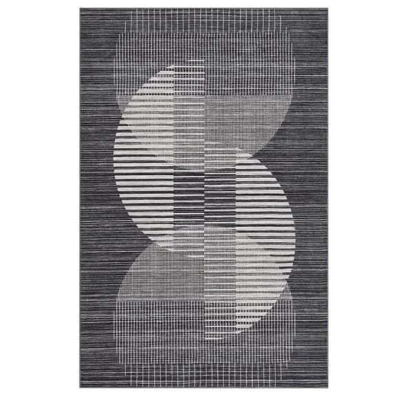 9 x 12 ft Polyester Black Rectangular Living Room Bedroom Dining Room Geometric Semi Circle Print Modern Machine Washable Area Rug