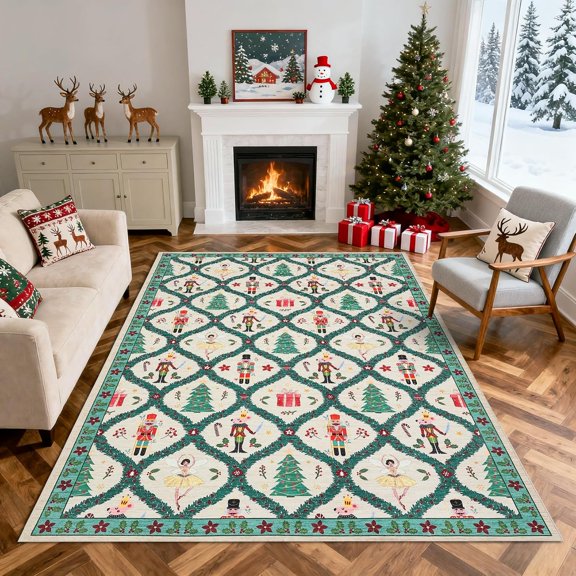 9 x 12 ft Washable Area Rug, Christmas Nutcracker Rug, Non Slip Soft Low Pile Rug for Living Room Bedroom Dining Room - Green/Beige