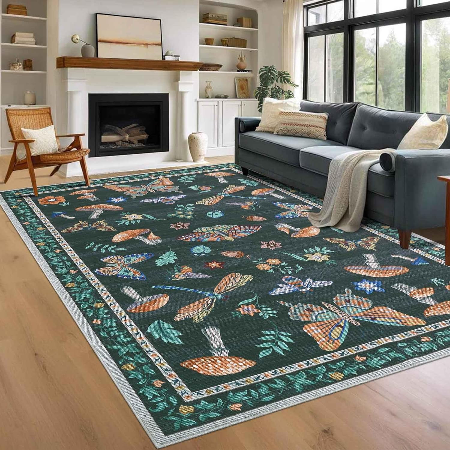 Insects Bug Crafts 9 x 12 ft Washable Area Rug, Mushroom Insect Non Slip Soft Faux Wool ...