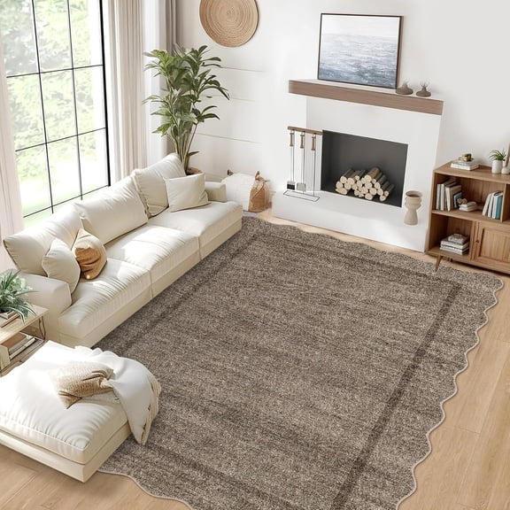 9 x 12 ft Washable Area Rug, Scalloped Bordered Non Slip Soft Low Pile Stain Resistant Non-Shedding Rug for Living Room Bedroom Dining Room - Dark Brown