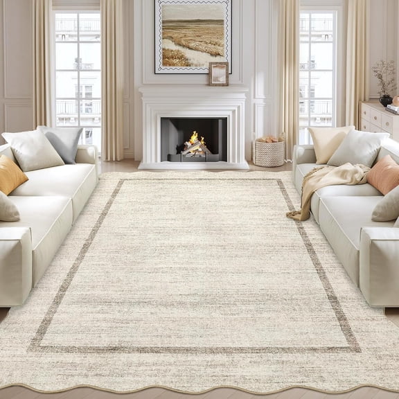 9 x 12 ft Washable Area Rug, Scalloped Bordered Non Slip Soft Low Pile Stain Resistant Non-Shedding Rug for Living Room Bedroom Dining Room - Beige