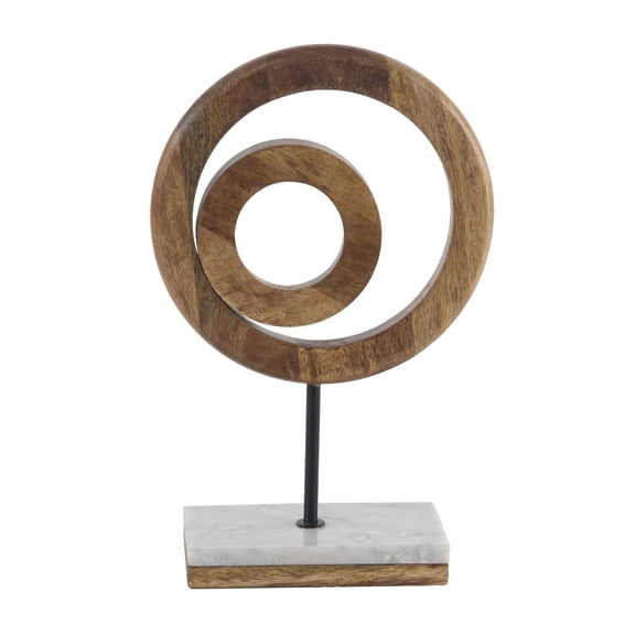 9" x 13" Brown Mango Wood Circle Geometric Sculpture with Marble Stand, by DecMode