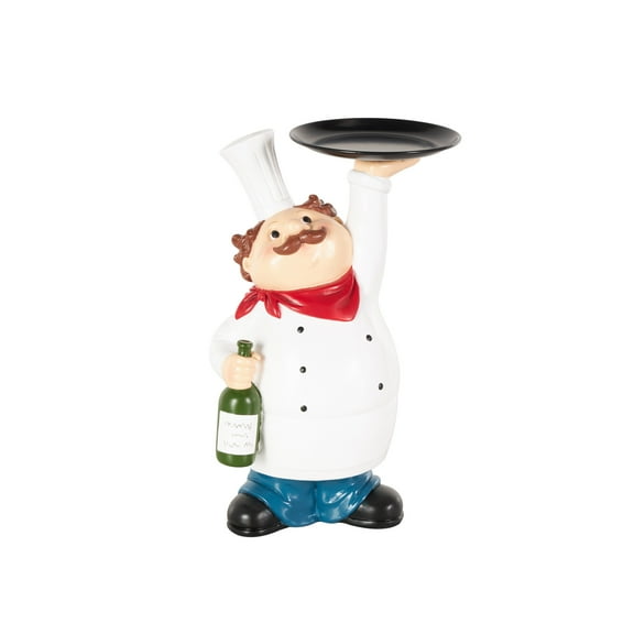 9" x 13" White Polystone Kitchen Decorative Figurine Chef Sculpture with Black Tray and Green Bottle, by DecMode