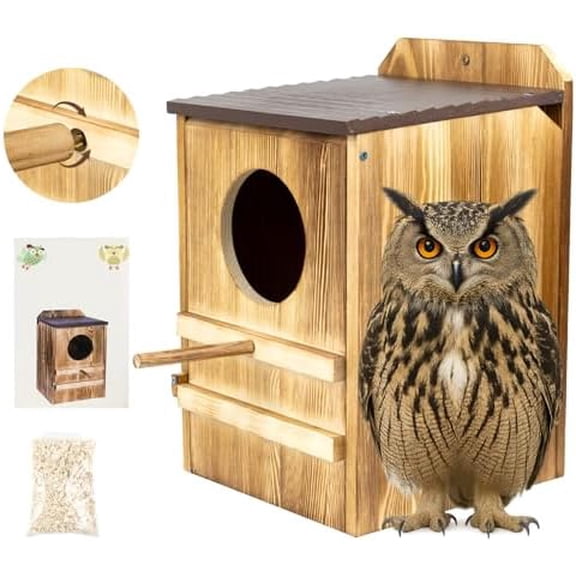 9'' x 14.5'' Owl House for Outdoor, Screech Owl House, Bird Box Large Handmade Wooden Circular Opening Screech Box for Outside with Mounting Screws and A Bag of Wood Shavings$$Garden & Patio