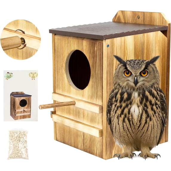 9'' x 14.5'' Owl House for Outdoor, Screech Owl House, Bird Box Large Handmade Wooden Circular Opening Screech Box for Outside with Mounting Screws and A Bag of Wood Shavings