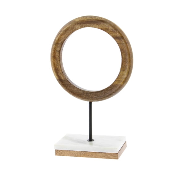 9" x 14" Brown Mango Wood Circle Geometric Sculpture with Marble Stand, by DecMode
