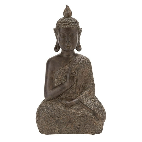 9" x 17" Brown Polystone Meditating Buddha Sculpture with Engraved Carvings and Relief Detailing, by DecMode