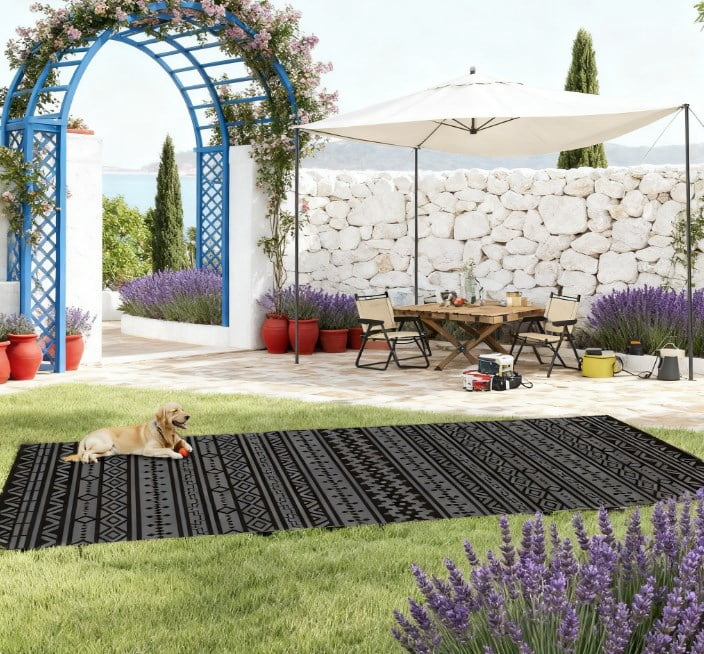 9' x 18' Black & Gray Geometric Wall Reversible Outdoor Patio Rug, Waterproof Plastic Straw RV Camping Rug with Carry Bag, Foldable Fade Resistant Mat