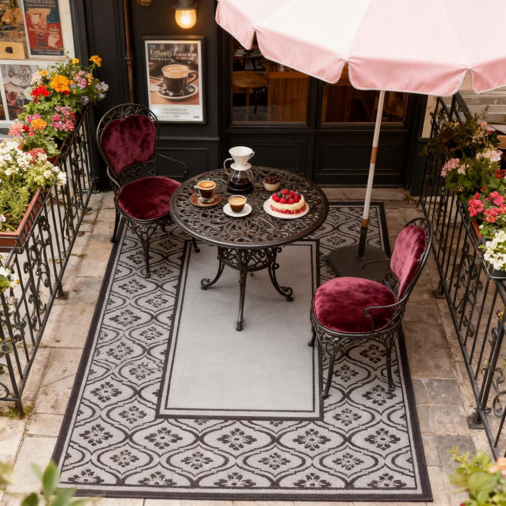 9' x 18' Black & Gray Gourd Border Reversible Outdoor Patio Rug, Waterproof Plastic Straw RV Camping Rug with Carry Bag, Foldable Fade Resistant Mat