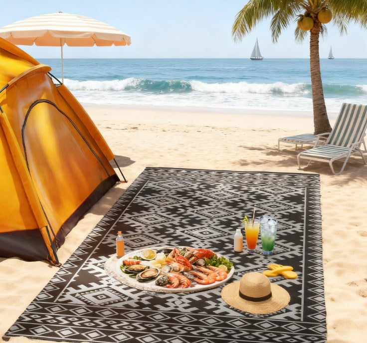 9' x 18' Black & Gray Rhombus Border Reversible Outdoor Rug, Waterproof Patio Camping Mat with Carry Bag, Foldable Portable RV Carpet
