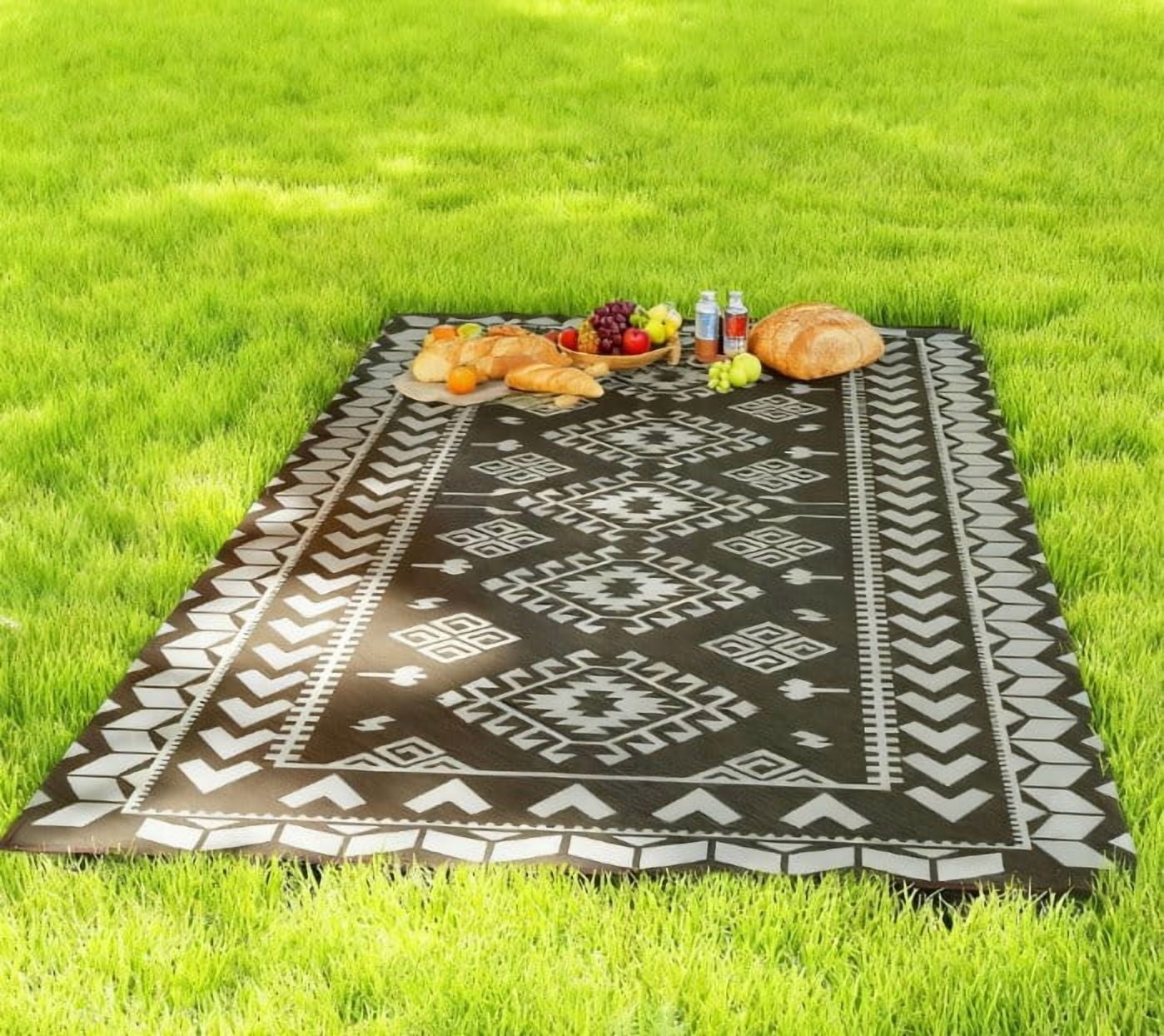 9' x 18' Black & Gray Rhombus Patchwork Reversible Outdoor Patio Rug, Waterproof Portable Camping Mat with Carry Bag, Foldable RV Carpet