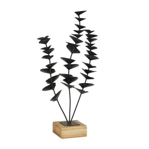9" x 18" Black Metal Leaf Sculpture with Wood Base, by DecMode