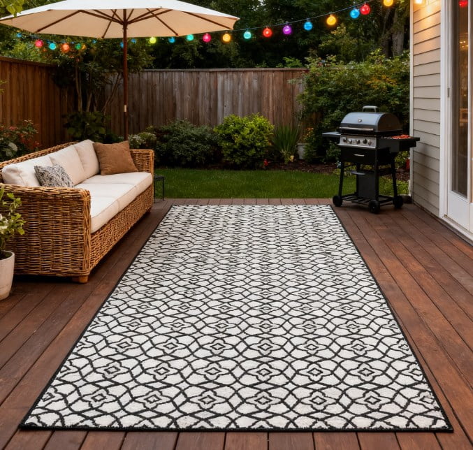 9' x 18' Black and White Clover Reversible Outdoor Patio Rug, Waterproof Portable RV Camping Rug with Carry Bag, Foldable Fade Resistant Outdoor Carpet