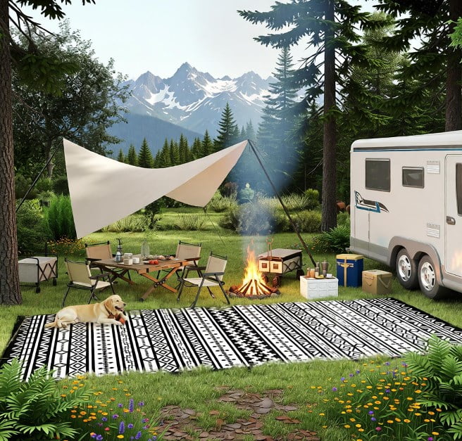 9' x 18' Black & White Geometric Wall Reversible Patio Rug, Waterproof Outdoor Plastic Straw Rug, Foldable Portable RV Camping Mat with Carry Bag