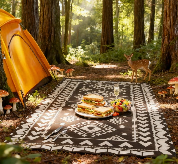 9' x 18' Black & White Rhombus Patchwork Reversible Outdoor Rug, Waterproof Patio Camping Mat with Carry Bag, Foldable Portable Indoor Outdoor RV Carpet