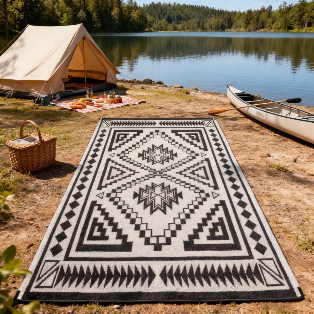 9' x 18' Black and Gray Square Patchwork Patio Rug, Reversible Waterproof Plastic Straw Outdoor Rug, Foldable Portable RV Camping Mat with Carry Bag