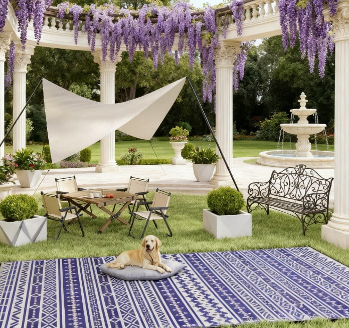 9' x 18' Blue and White Geometric Wall Reversible Outdoor Patio Rug, Waterproof Plastic Straw RV Camping Rug with Carry Bag, Foldable Fade Resistant Mat