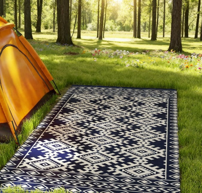 9' x 18' Blue & White Rhombus Border Reversible Outdoor Rug, Waterproof Patio Camping Mat with Carry Bag, Foldable Portable RV Carpet