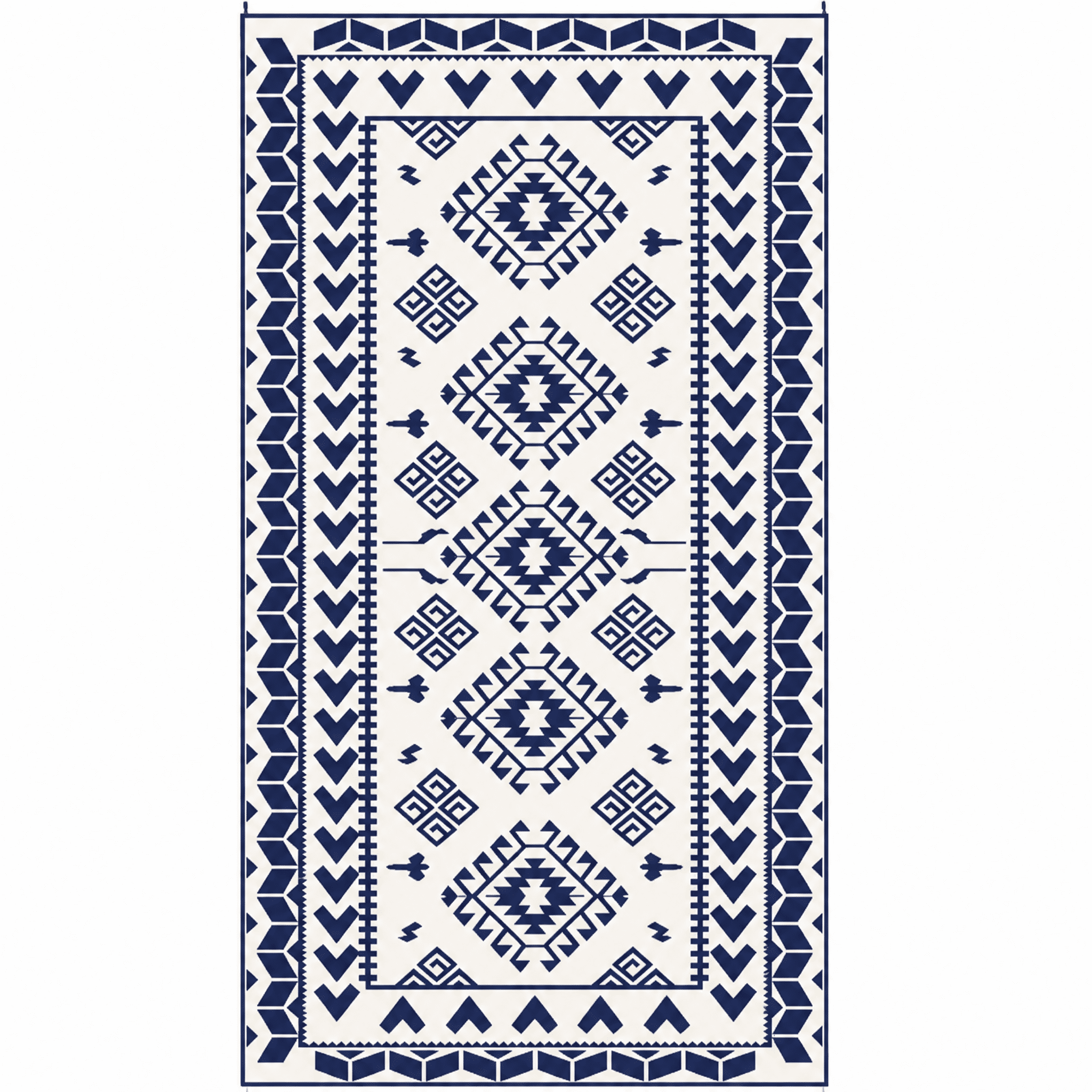 9' x 18' Blue & White Rhombus Patchwork Reversible Outdoor Patio Rug, Waterproof Portable Camping Mat with Carry Bag, Foldable RV Carpet
