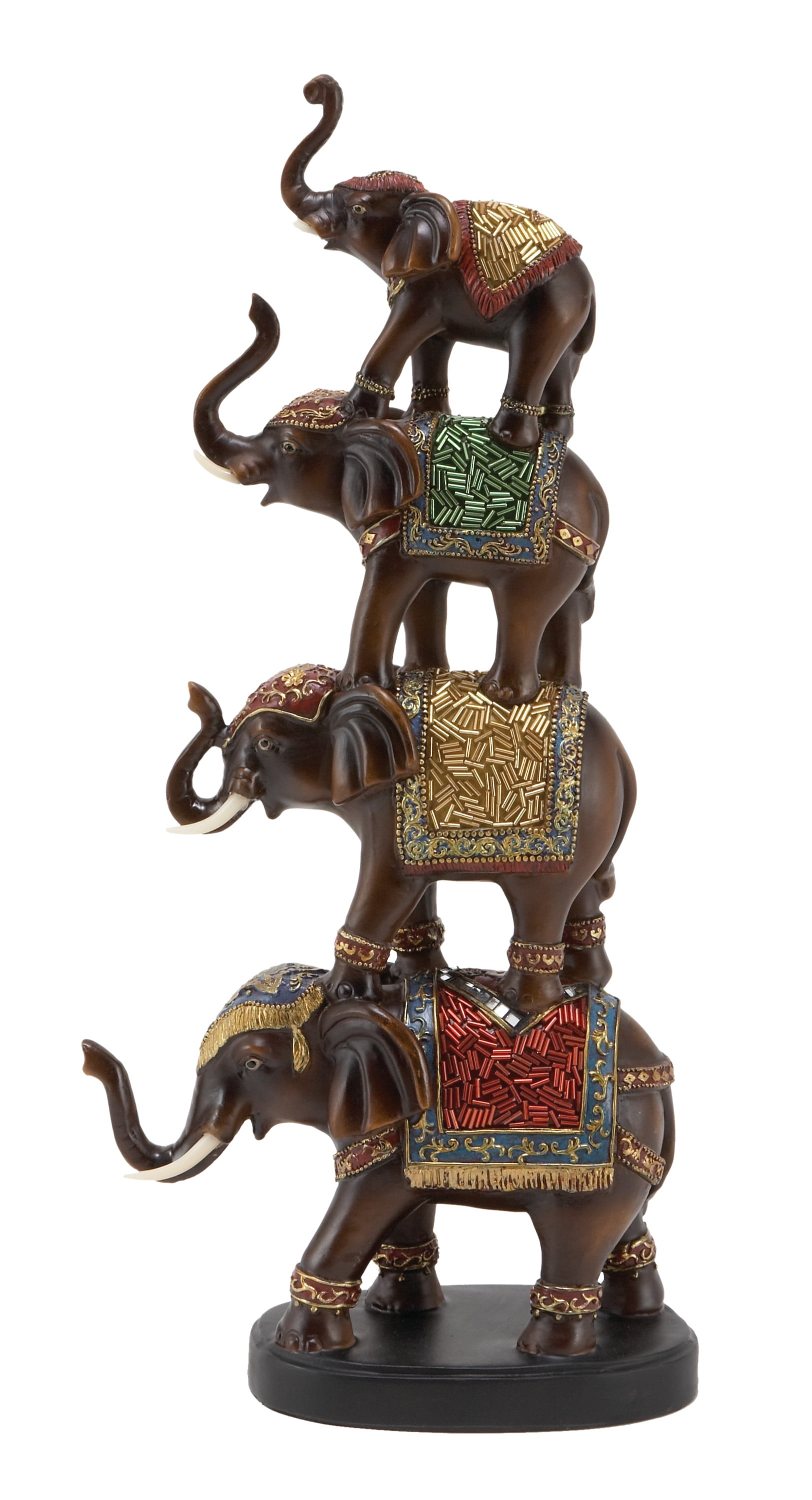 Brown Polystone Stacked Elephant Figurine with Colorful Patterns