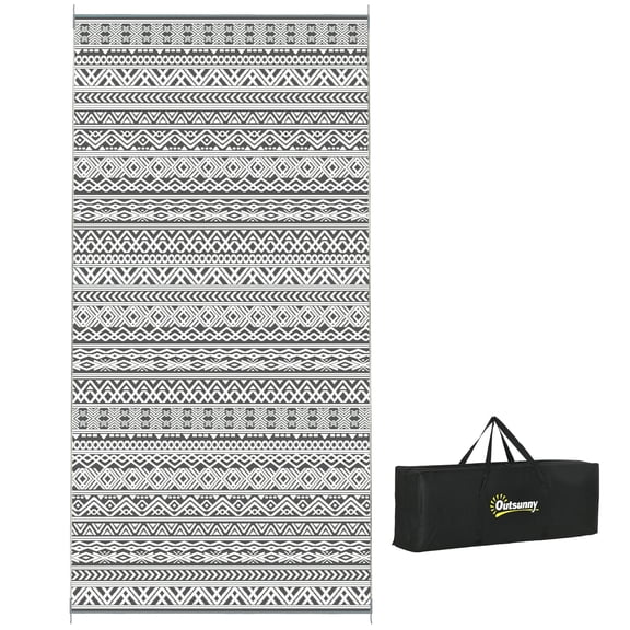 9 x 18 Reversible Outdoor Rug - Waterproof Plastic Straw Floor Mat with Carry Bag for Camping, RV, Picnic, Beach, Backyard, Deck - Gray & Cream White Boho