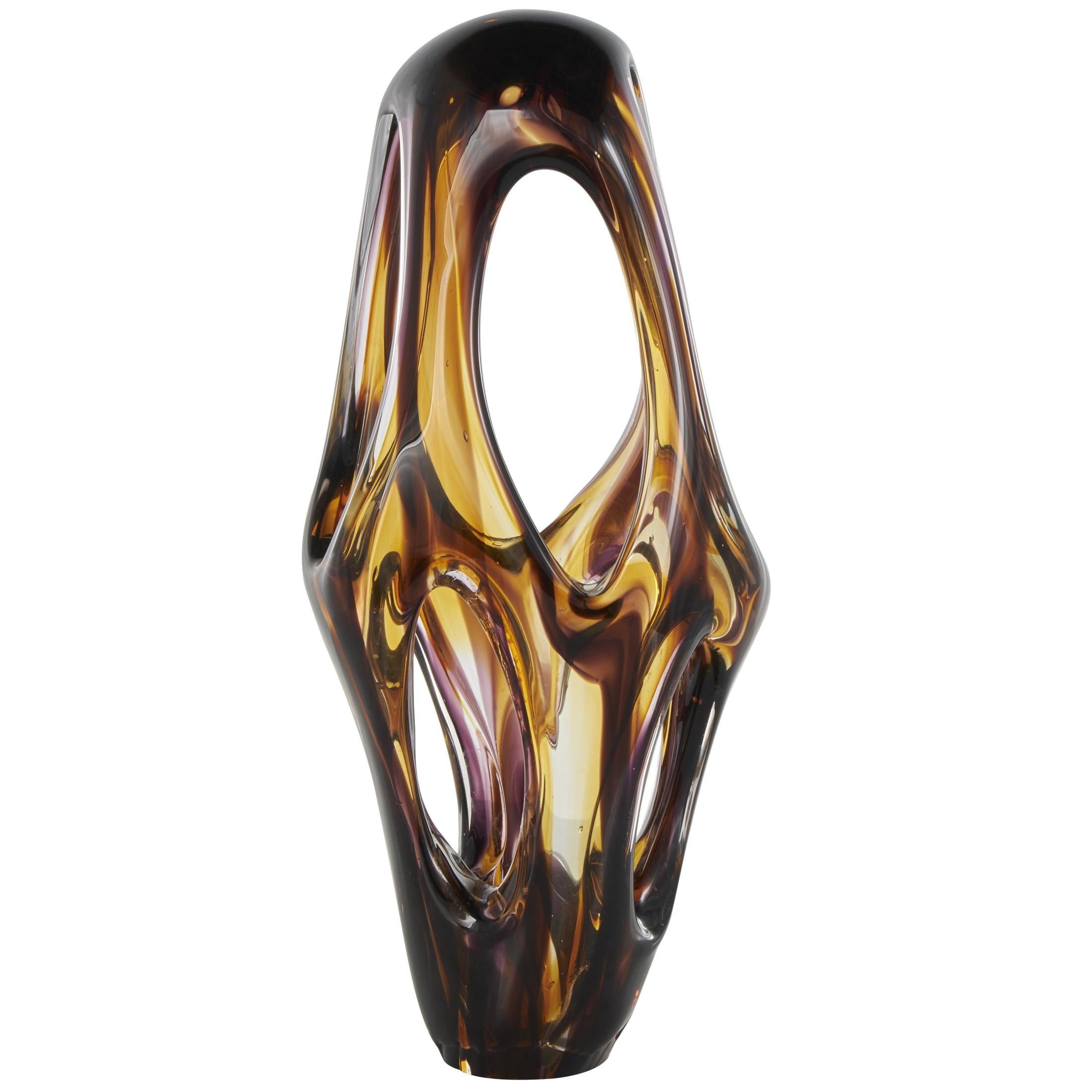 9" x 20" Yellow Glass Cutout Abstract Sculpture with Pink and Amber Accents, by DecMode