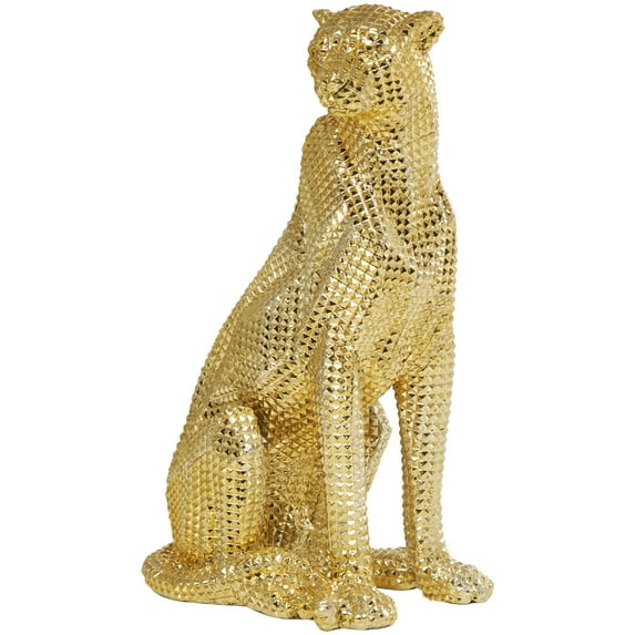 9" x 21" Gold Resin Sitting Leopard Sculpture with Diamond Facet Texture, by DecMode