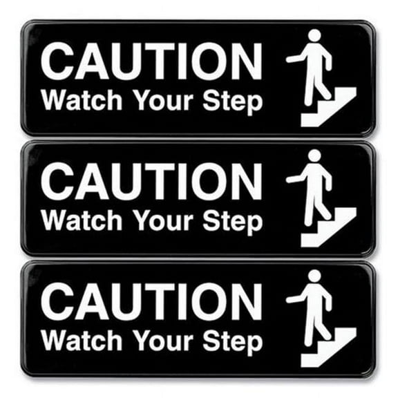9 x 3 in. Caution Watch Your Step Indoor & Outdoor Wall Sign, Black Face & White Graphics - Pack of 3