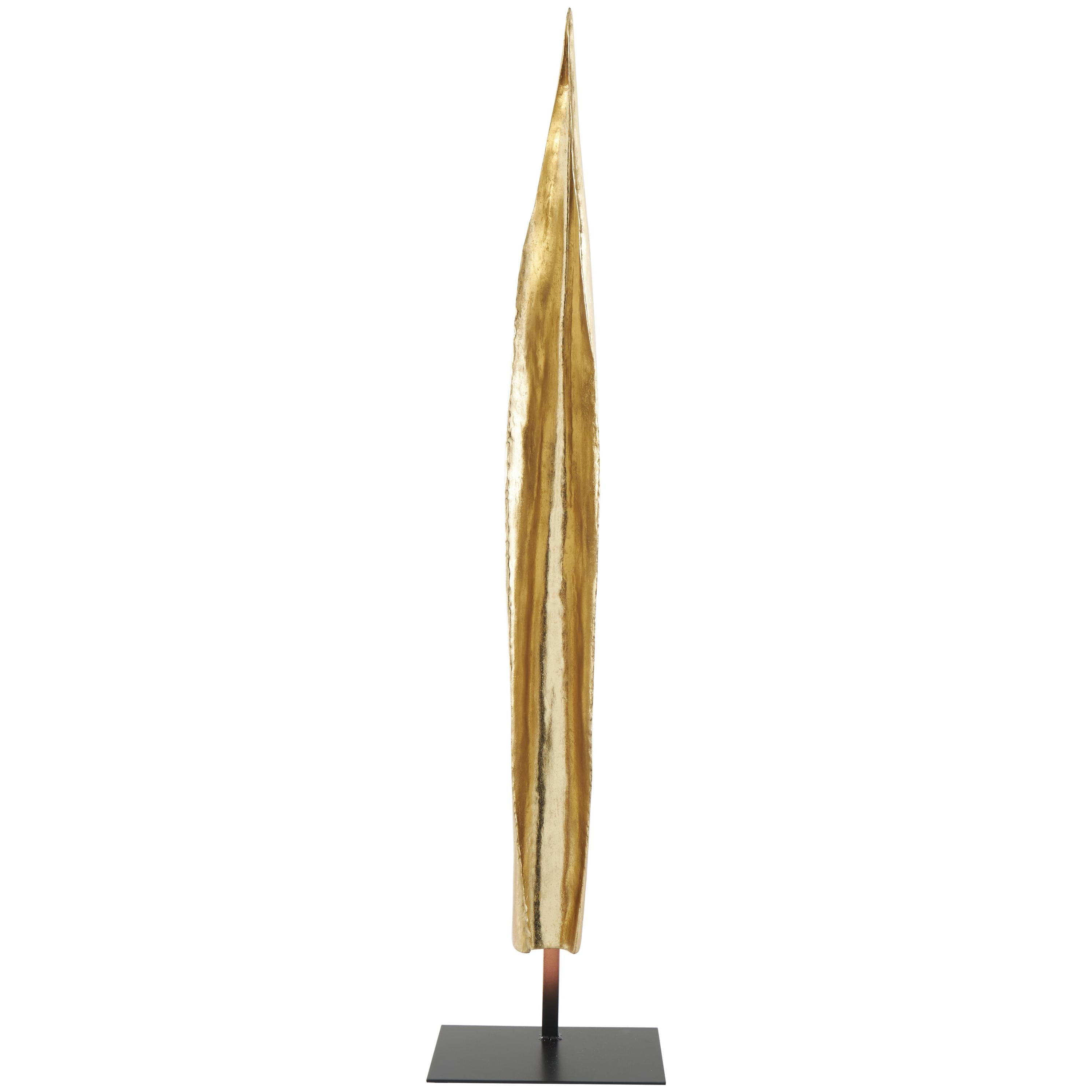 9" x 39" Gold Polystone Slim Abstract Leaf Sculpture with Black Metal Stand, by DecMode