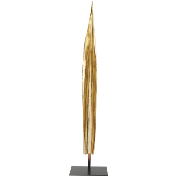 9" x 39" Gold Polystone Slim Abstract Leaf Sculpture with Black Metal Stand, by DecMode