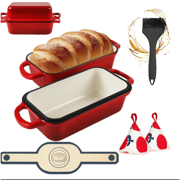 9 x 5 Inch Bread Pan Enameled Cast Iron Loaf Pan with Lid for Baking, 2 in 1 Non-stick Sourdough Bread Loaf Pan for Homemade Bread, Oven & Stovetop Safe for Gas, Electric & Induction, Red