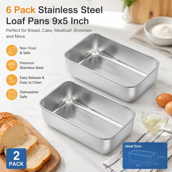 9 x 5 Inch Stainless Steel Loaf Pan Set of 2, Non-Toxic Metal Bakeware ...