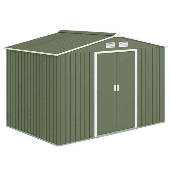 9' x 6' Outdoor Storage Shed, Garden Tool Metal Shed with Foundation Kit, Double Lockable Door, Air Vents and Sloping Roof, for Backyard, Patio, Lawn, Green