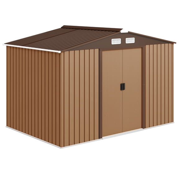 9' x 6' Outdoor Storage Shed, Garden Tool Metal Shed with Foundation Kit, Double Lockable Door, Air Vents and Sloping Roof, for Backyard, Patio, Lawn, Yellow