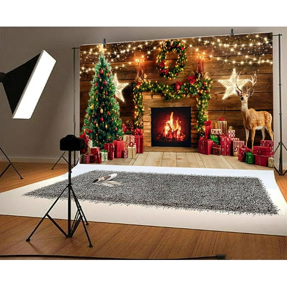 9 x 6 ft Christmas Fireplace Backdrop Rustic Wooden Xmas Tree Glitter Vintage Rustic Stockings Elk Photography Background Portrait Winter Happy New Year Party Banner Decor Photo Studio Props