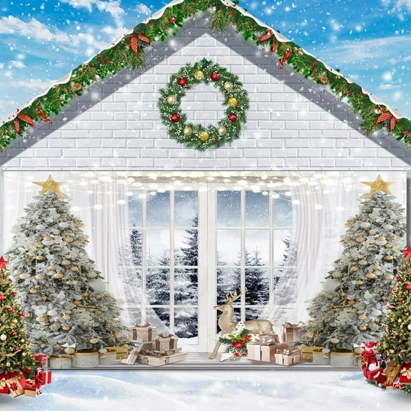 9 x 6 ft Christmas Window Garage Door Decoration Background Winter Snow Scene Xmas Tree Gifts Elk Wonderland Backdrop Snowy Forest Merry Christmas Happy New Year Family Holiday Banner Cover