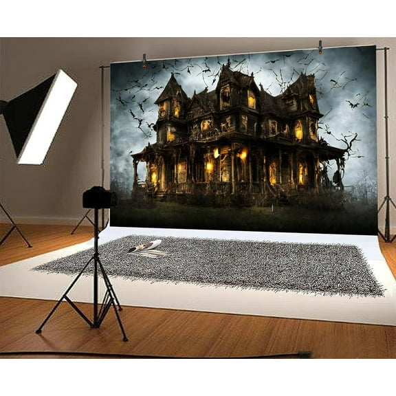 9 x 6 ft Happy Halloween Bat Scary Castle Bat Party Banner Decor Backdrop Black Horror Night Graveyard Photography Background for Pictures Baby Kids Portrait Photo Booth Shoot Vinyl Studio Props