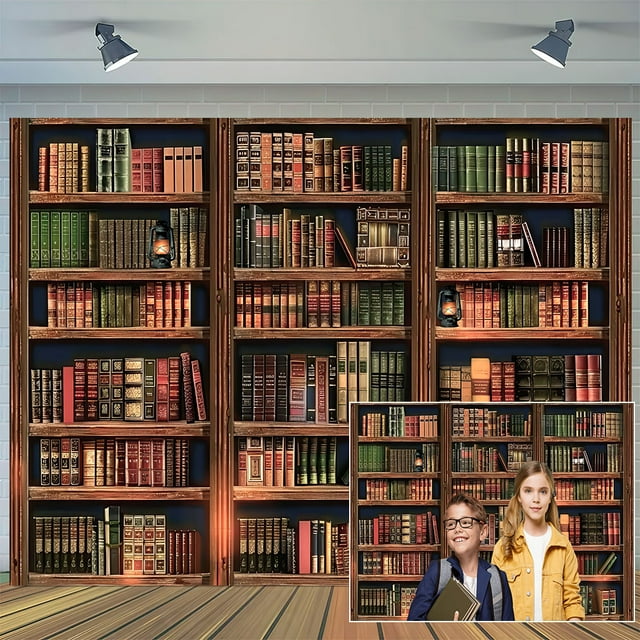 9 x 6 ft Office Bookshelf Library Backdrop for Video Conference Brown Bookcase Book Vintage Photograph Backdrops Kids Children School Study Taking Photo Studio Decoration Background Holiday Party