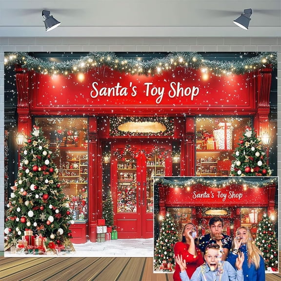 9 x 6 ft Red Christmas Photo Backdrop Santa's Toy Shop Photography Background Xmas Tree Gift Snow Window Store Backdrop Christmas Wall Decoration Winter Gift Background Photo Booth