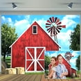 thumbnail image 1 of 9 x 6 ft Rustic Western Farm Red Barn Backdrop Red Barn Blue Sky White Clouds Green Trees Windmills Background for Photography Kids Birthday Party Photo Studio Props, 1 of 4