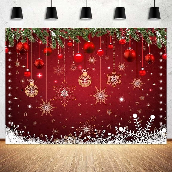 9 x 6 ft Snowflake Christmas Backdrop Red Theme Xmas Glittering Snowflakes Stars Christmas Balls Warm Festive Patterns Background Winter New Year Eve Family Party Decor Banner Studio Booth Props