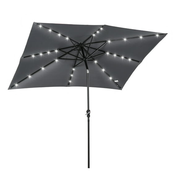 9' x 7' Solar Umbrella, LED Lighted Patio Umbrella for Table or Base with Tilt & Crank, Outdoor Umbrella for Garden, Deck, Backyard, Pool, Beach, Dark Gray