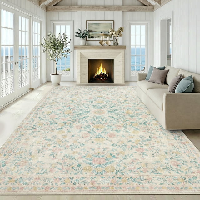 CHITOOMA 9'x12' Boho Area Rugs for Living Room, Machine Washable Floral Area Rug with Non-Slip Backing, Stain Resistant Non-Shed Carpet for Bedroom, Dining Room, Dorm, Office