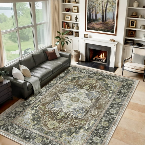 NewBuros 9'x12' Area Rugs for Living Room, Washable Non-Slip Vintage Tribal Print Rugs, Soft Low Pile Stain Resistant Carpet for Bedroom Dining Room, Dark Green