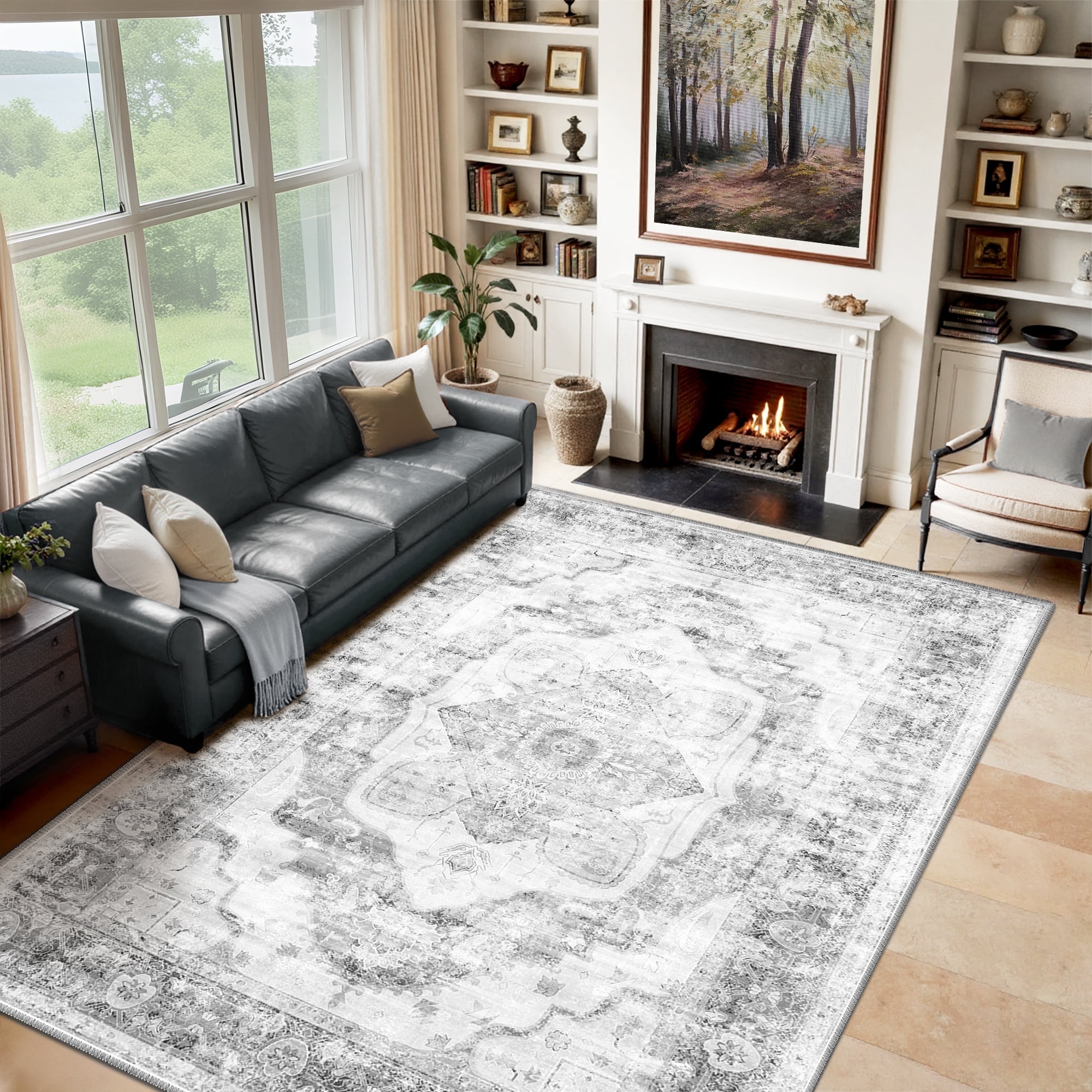 NewBuros 9'x12' Area Rugs for Living Room, Washable Non-Slip Vintage Tribal Print Rugs, Soft Low Pile Stain Resistant Carpet for Bedroom Dining Room, Gray & Black