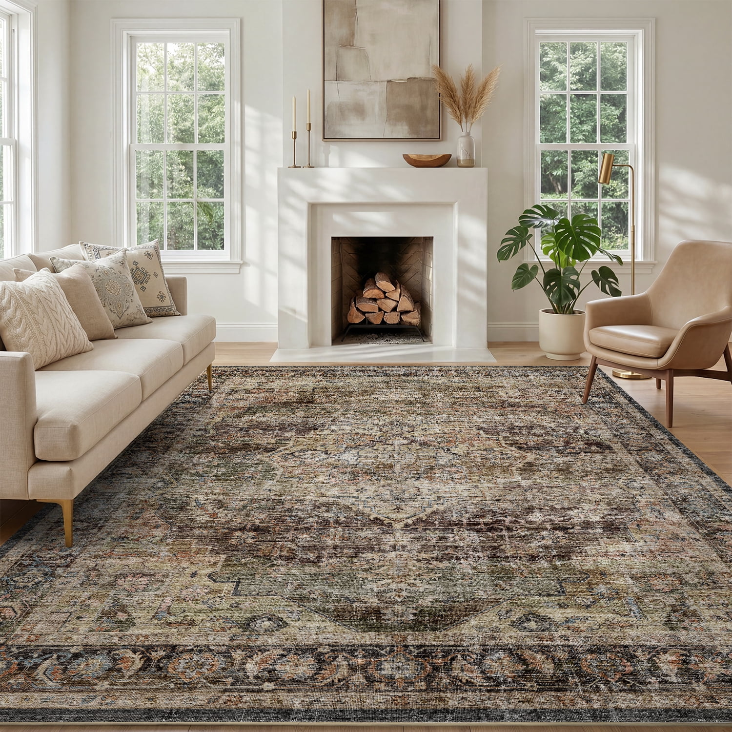 FEELHOME 9'x12' Area Rug Machine Washable Soft Vintage Distressed Non Slip Carpet for Living Room Bedroom Dining Room Brown