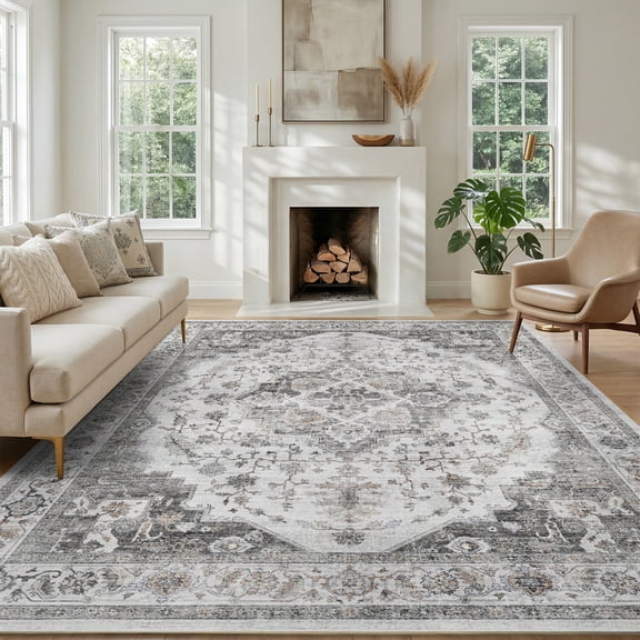 FEELHOME 9'x12' Area Rug Machine Washable Soft Vintage Distressed Non Slip Carpet for Living Room Bedroom Dining Room Gray