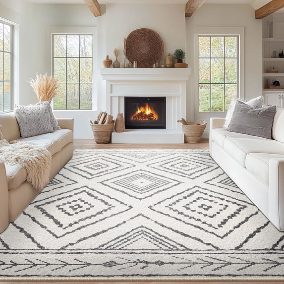 9'x12' Area Rugs for Living Room, Machine Washable Non-Slip Carpet, Soft Faux Wool Low Pile Moroccan Farmhouse Western Rug, Black and White