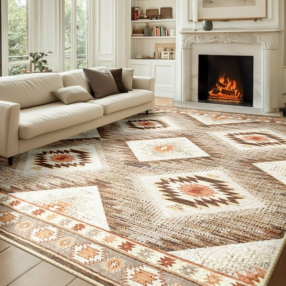 9'x12' Area Rugs for Living Room, Machine Washable Non-Slip Carpet, Soft Faux Wool Low Pile Moroccan Farmhouse Western Rug, Camel