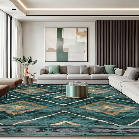 9'x12' Area Rugs for Living Room, Machine Washable Non-Slip Carpet, Soft Faux Wool Low Pile Moroccan Farmhouse Western Rug, Dark Green